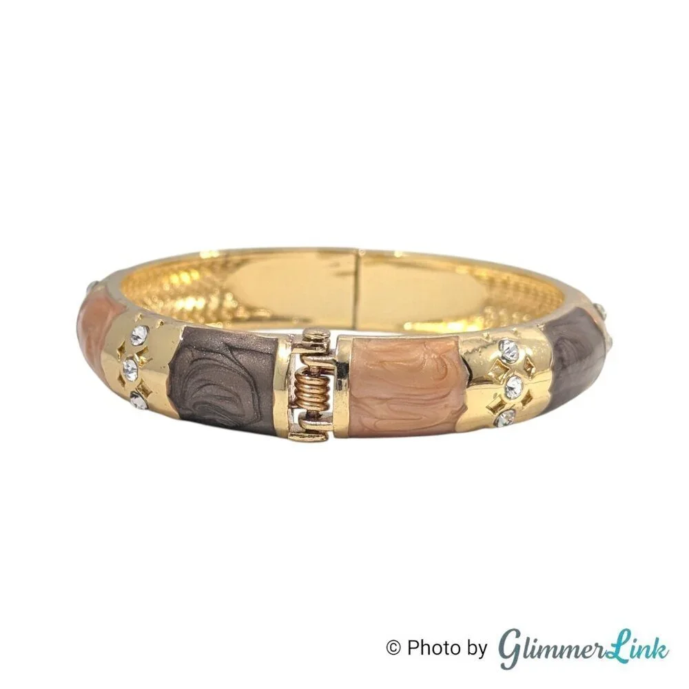 Earth Tone Enamel Gold Tone Hinged Clamper Bracelet